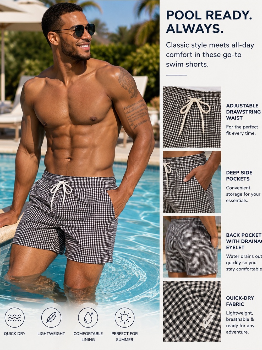 Onia - The Charles - Black & White Seersucker Gingham Drawstring Swim Shorts 🩳